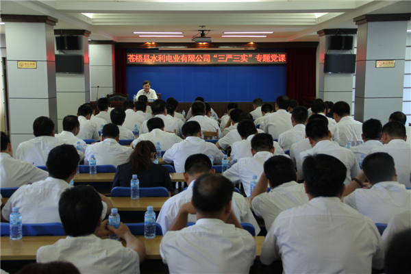 6月5日，蒼梧縣水利電業(yè)有限公司開展 “三嚴(yán)三實(shí)”專題教育黨課暨黨風(fēng)廉政教育培訓(xùn)，黨課邀請(qǐng)蒼梧縣人民檢察副檢察長(zhǎng)莫孔文為